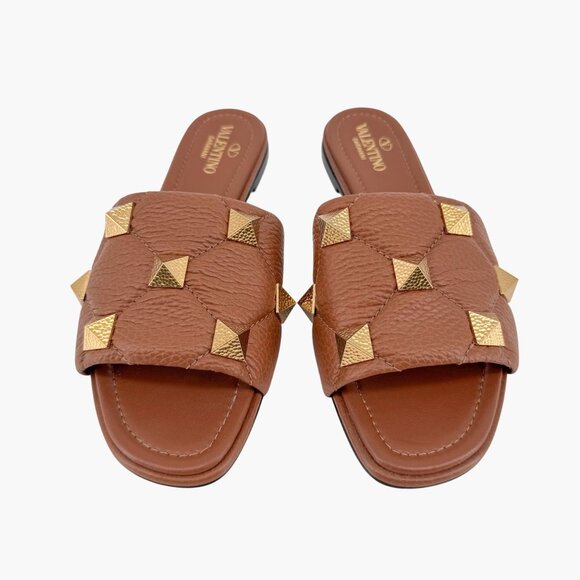 Valentino Roman Stud Brown Rockstud Slide Sandals Flats Size 37.5 US 7.5 Women's - Picture 3 of 15